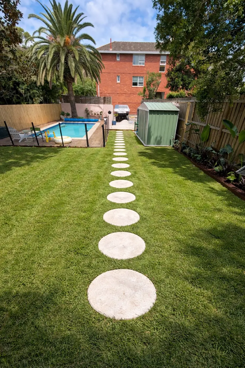 Circular stepping stones across a lawn leading to a pool